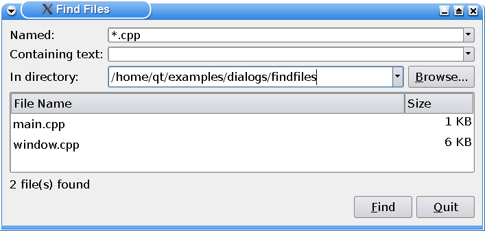 Screenshot of the Find Files example